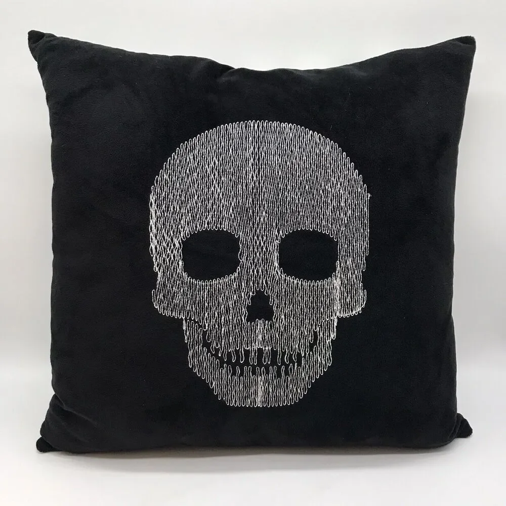 Skeleton Skull & Coffins Square Throw Pillow Plush Black White Gothic Decor 15